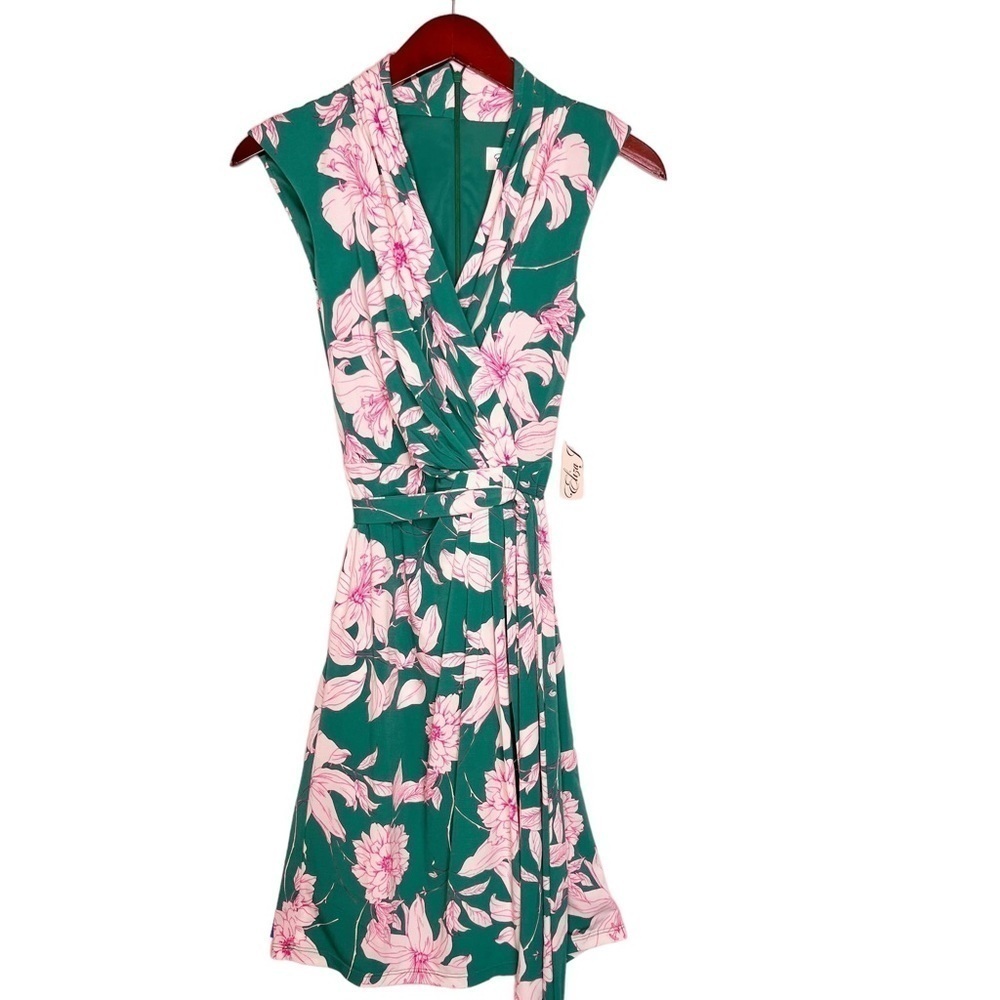 ELIZA J NWT Sleeveless Faux Wrap Tie Waist Dress Size 2 in Garden Floral Green - Picture 16 of 16